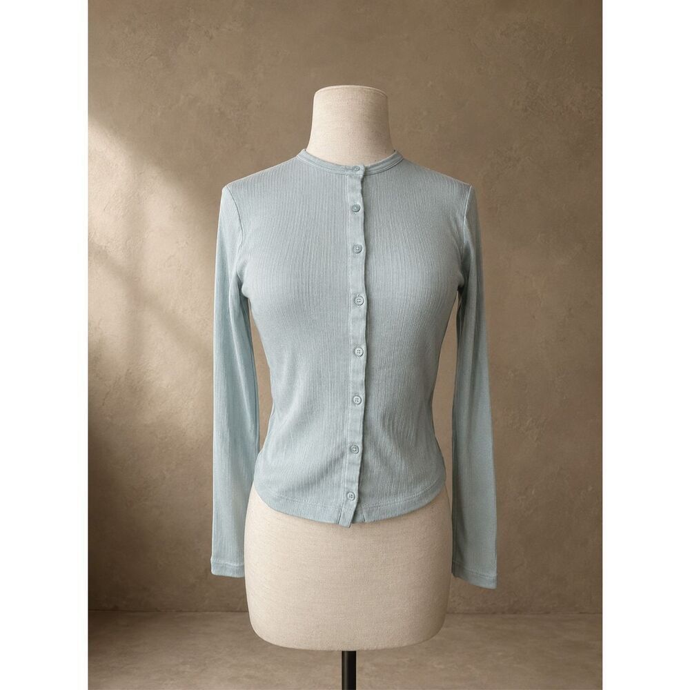 Uniqlo Sz S Pointelle Ribbed Cardigan Top Light Blue Scallop Trim